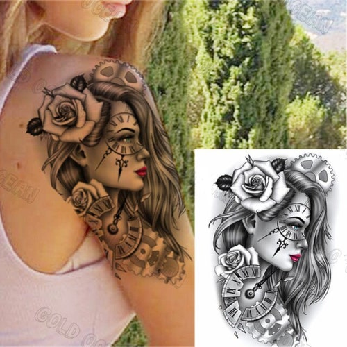 Half Sleeve Temporary Tattoo Black Gray Tattoos Rose Flower Etsy