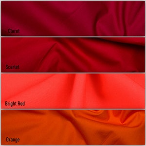 May include: Four fabric swatches in different shades of red and orange. The swatches are labeled "Claret", "Scarlet", "Bright Red", and "Orange".