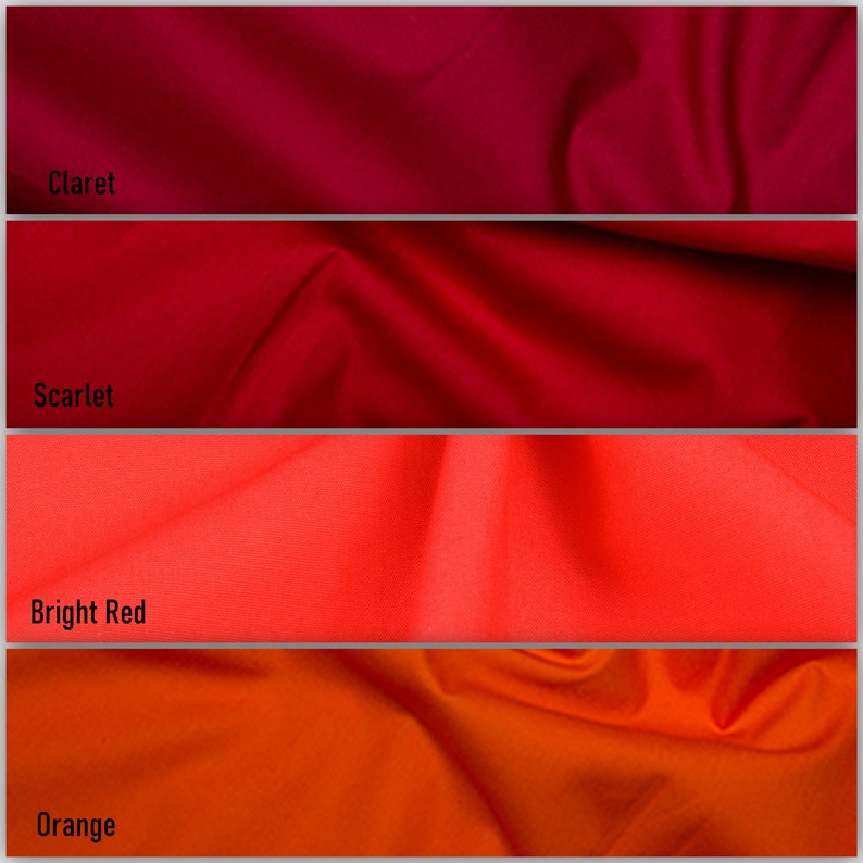 May include: Four fabric swatches in different shades of red and orange. The swatches are labeled "Claret", "Scarlet", "Bright Red", and "Orange".