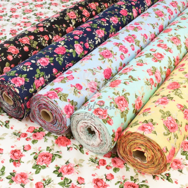 Vintage Queen Roses Floral 100% cotton poplin fabric - Rose & Hubble 112cm wide - dressmaking, quilting, craft, clothing