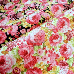 Black Ivory Bulgarian Rose Floral 100% cotton poplin fabric - Rose & Hubble 112cm wide - Half Metre Fat Quarter