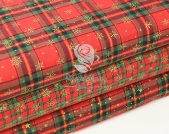 Kerst metallic tartan sneeuwvlokken sterren 100% katoen 110 cm breed rood goud | John Louden