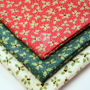 Christmas Metallic Winterberry Holly Leaves 100% Superior Cotton Material Extra wide 142cm Green, Red, Ivory Cotton Fabric