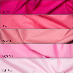 May include: Five swatches of fabric in different shades of pink, from darkest to lightest: cerise, blush, pale pink, sugar pink, and light pink.