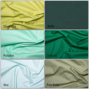 May include: Six fabric swatches in different shades of green. The swatches are labeled "Chartreuse", "Bottle", "Pistachio", "Emerald", "Mint", and "Pale Green".