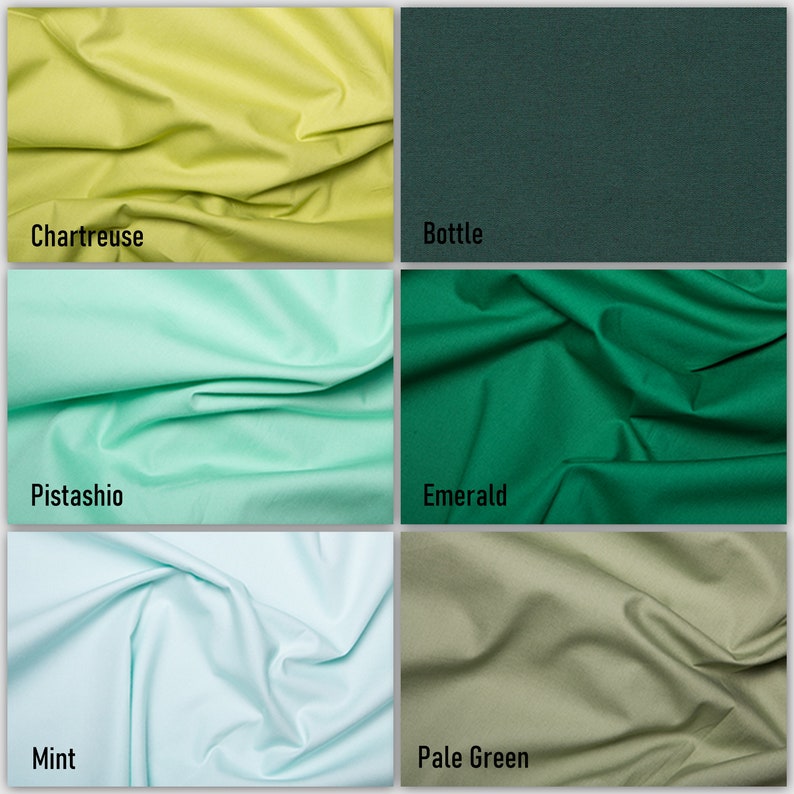 May include: Six fabric swatches in different shades of green. The swatches are labeled "Chartreuse", "Bottle", "Pistachio", "Emerald", "Mint", and "Pale Green".