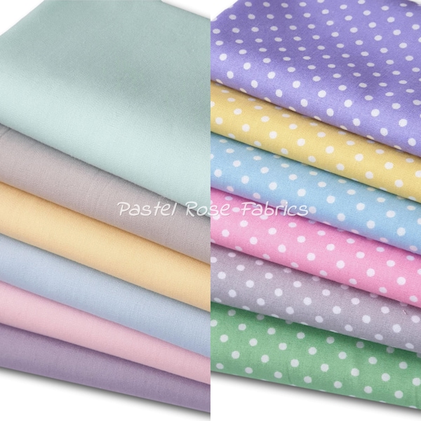 Pastel Polka Dots / Pastel Plain Bundles - 100% Cotton Fabric - Fat Quarter Bundle / Half metre bundle