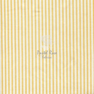 May include: Yellow and white striped fabric with a subtle texture. The fabric is woven with thin yellow stripes on a white background.
