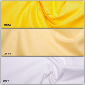 May include: Three fabric swatches in different shades of yellow. The top swatch is a bright yellow, the middle swatch is a pale yellow, and the bottom swatch is white. The swatches are labeled "Yellow", "Lemon", and "White".