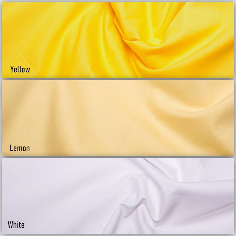 May include: Three fabric swatches in different shades of yellow. The top swatch is a bright yellow, the middle swatch is a pale yellow, and the bottom swatch is white. The swatches are labeled "Yellow", "Lemon", and "White".
