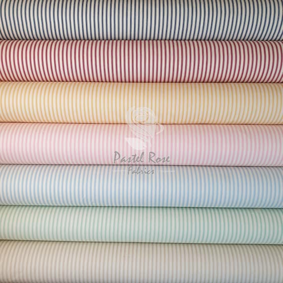 Lovely Ticking Stripes pattern 100% Cotton Poplin Fabric Rose & Hubble - Red, tan, blue, pink, yellow -Metre clothing, craft, quilting