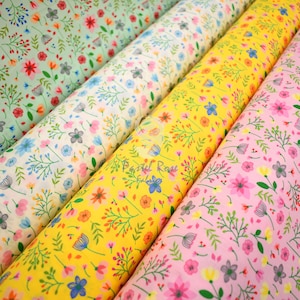 Tessuto floreale Florus in tessuto popeline di cotone 100% giallo rosa bianco verde largo 112 cm - metro grasso