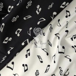 Tessuto popeline di cotone 100% con note musicali, larghezza 112 cm, nero e bianco - metro quarto di grasso