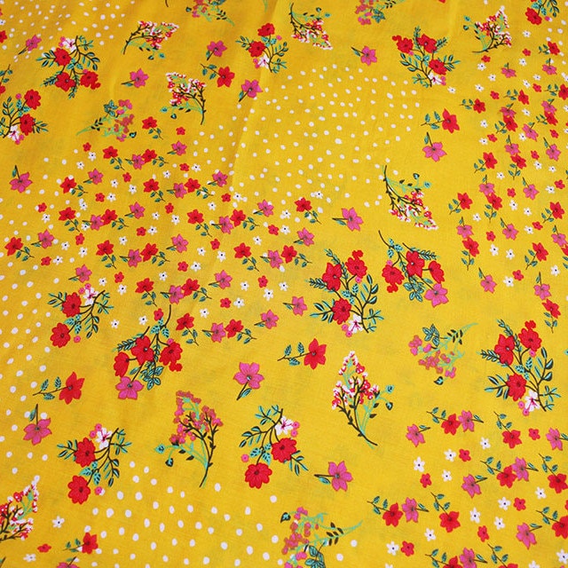 Vestido de viscose com bolinhas florais 100% rayon, extra largo, 55" | Vermelho, Amarelo | Por metro