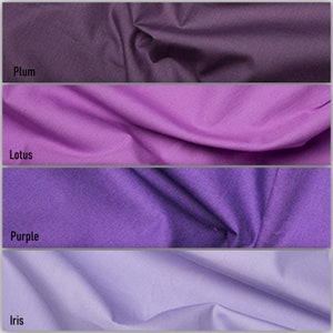May include: Four fabric swatches in shades of purple, from darkest to lightest: Plum, Lotus, Purple, and Iris.