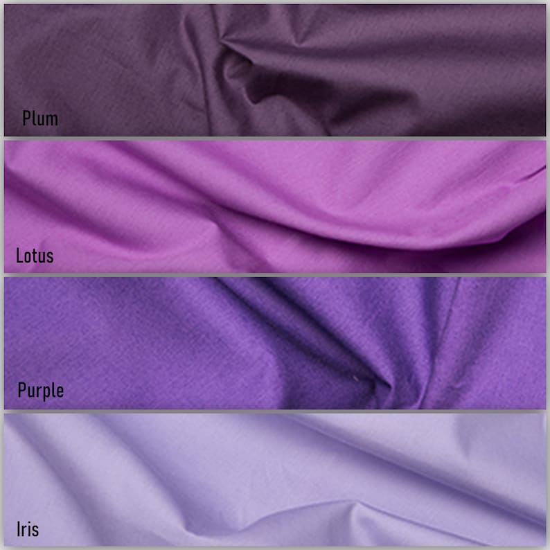 May include: Four fabric swatches in shades of purple, from darkest to lightest: Plum, Lotus, Purple, and Iris.