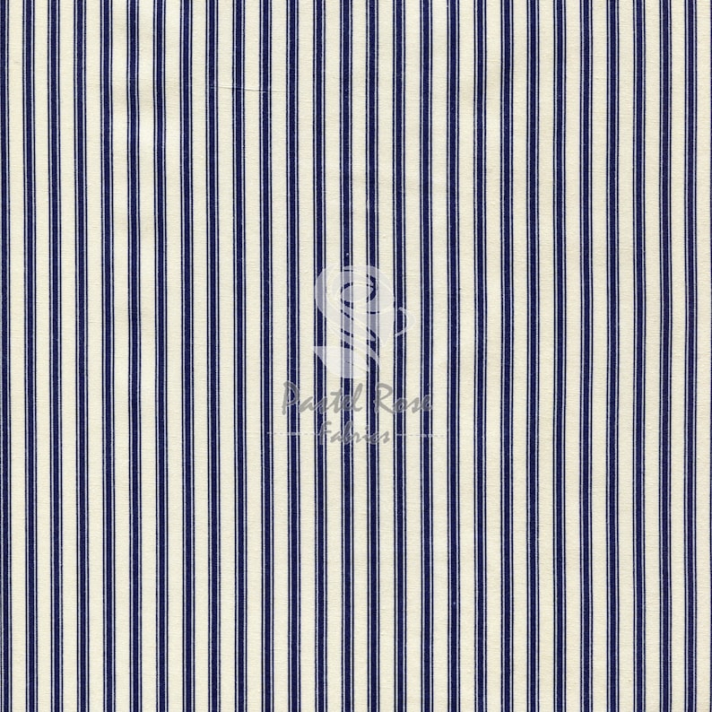 May include: White fabric with thin navy blue stripes. The fabric has a subtle texture.