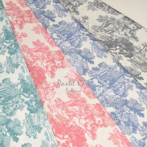 Tecido popeline 100% algodão com estampa francesa vintage Toile De Jouy, 112 cm de largura - Azul, Cinza, Rosa, Azul-petróleo - Metre Fat Quarter
