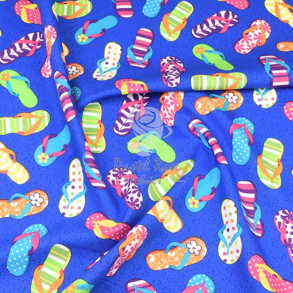 Summer Beach Flip Flops 100% cotton poplin fabric 112cm wide Bright Royal Blue - Metre Fat Quarter