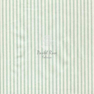 May include: White fabric with thin, evenly spaced green stripes. The fabric is a woven cotton blend.