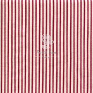 May include: Red and white striped fabric with a fine, vertical stripe pattern. The fabric is woven and has a slightly textured surface.