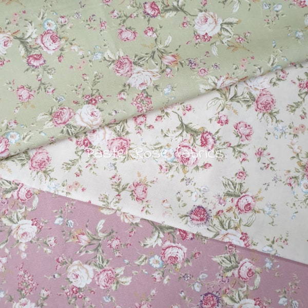 Vintage Rose Eva on Ivory, Sage 100% cotton poplin fabric - Rose & Hubble 112cm wide - dressmaking, quilting, craft, clothing