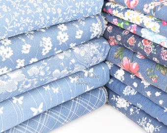 Floral 100% Cotton Denim Lightweight Fabric extra wide 58" - dressmaking, skirts - Per Half Metre