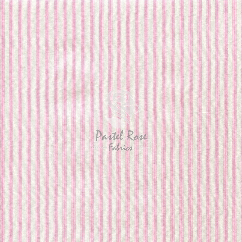 May include: Pink and white striped fabric with a subtle texture. The fabric has a repeating pattern of thin white stripes and thicker pink stripes.