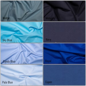 May include: Swatch fabric samples in various shades of blue, including Wodge, Sky Blue, Candy Blue, Pale Blue, Midnight, Navy, Royal, and Copen.