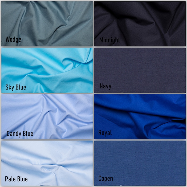 May include: Swatch fabric samples in various shades of blue, including Wodge, Sky Blue, Candy Blue, Pale Blue, Midnight, Navy, Royal, and Copen.