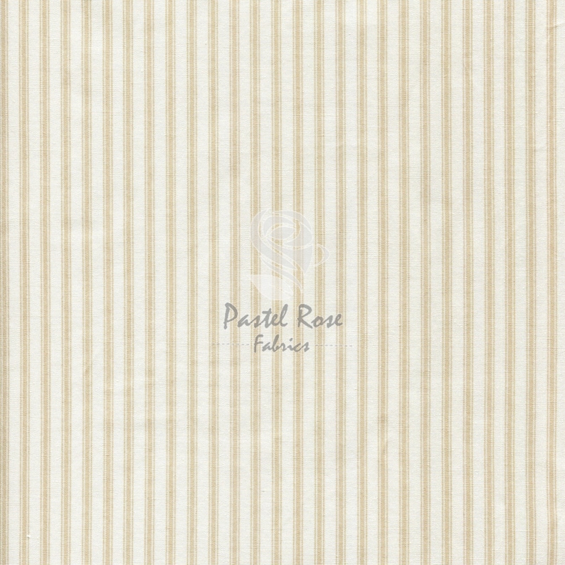 May include: White fabric with thin, beige stripes. The fabric has a subtle texture and is perfect for sewing projects.