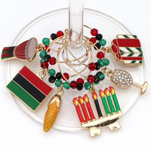 Kwanzaa Wine Charms: Kinara, Pan-African Flag, Unity Cup - Set of 6
