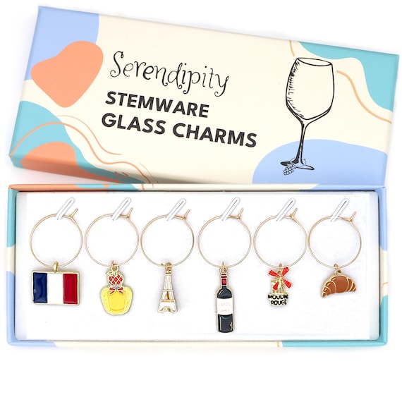 France Wine Glass Charms: Eiffel Tower, Moulin Rouge - Set of 6 Christmas Gift, Stocking Stuffer