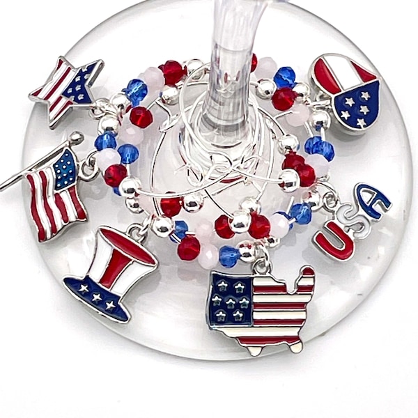 Patriotic USA Wine Glass Charms: American Flag Party Favors Christmas Gift, Stocking Stuffer