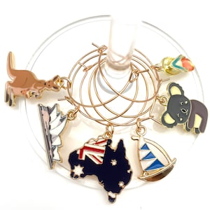 Australia Wine Charms, Gift for Aussies and Australia Enthusiasts, Sydney Opera House, Kangaroo, Koala, Flip-flops, Boat, Australian Flag