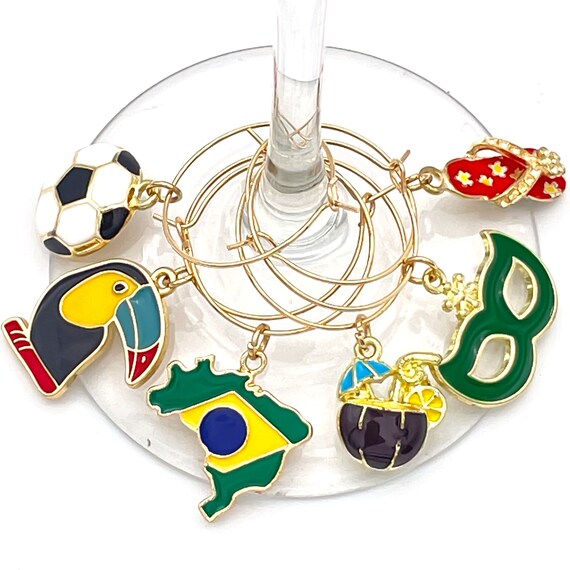 Brazilian Wine Glass Charms: Gold-Tone Brazil Theme, Set of 6 Christmas Gift, Stocking Stuffer