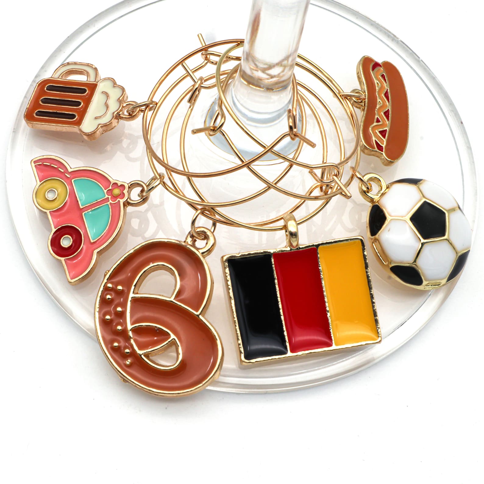 German Wine Glass Charms: Flag, Beer, Pretzel - Set of 6