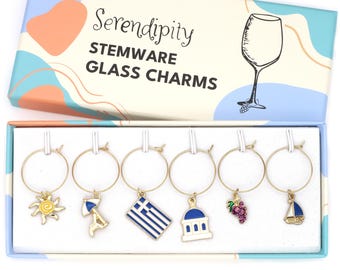 Greek Wine Charms: Santorini Wedding Favors, Wine Glass Markers Christmas Gift, Stocking Stuffer