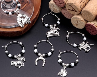 Handmade Horse Wine Glass Charms: Vintage Silver, Set of 6 Christmas Gift, Stocking Stuffer