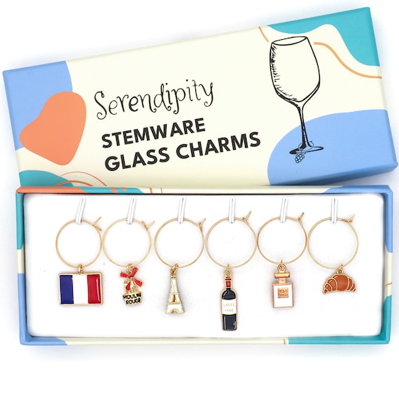 France Wine Glass Charms: Eiffel Tower, Moulin Rouge - Set of 6 Christmas Gift, Stocking Stuffer