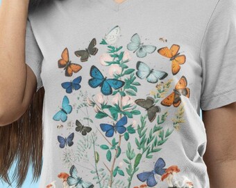 Butterfly Mushroom Floral V-Neck Tee, Nature Lover T-Shirt