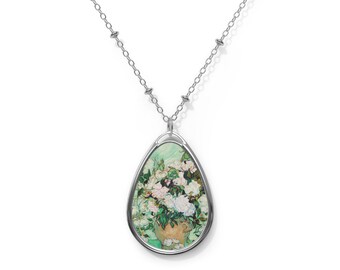 Vincent Van Gogh Oval Pendant Necklace, Van Gogh Roses, Van Gogh Necklace, Picture Necklace, Hypoallergenic, Pendant Necklace Jewelry