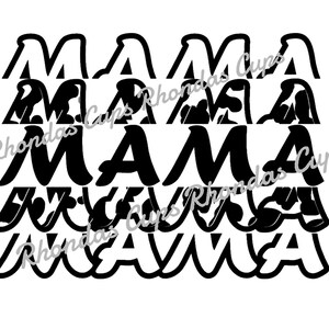 Op de afbeelding: Zwart-wit grafisch ontwerp van het woord "MAMA" dat drie keer wordt herhaald. De tekst is gelaagd en gestapeld op elkaar. De tekst is in een vet, gestileerd lettertype.