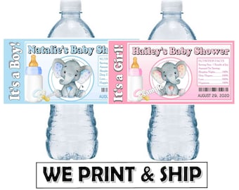 Könnte beinhalten: Zwei blaue und rosa Wasserflaschenetiketten mit einem Elefanten- und Babyflaschen-Design. Das blaue Etikett lautet "Es ist ein Junge!" und "Natalie's Baby Shower". Das rosa Etikett lautet "Es ist ein Mädchen!" und "Hailey's Baby Shower".
