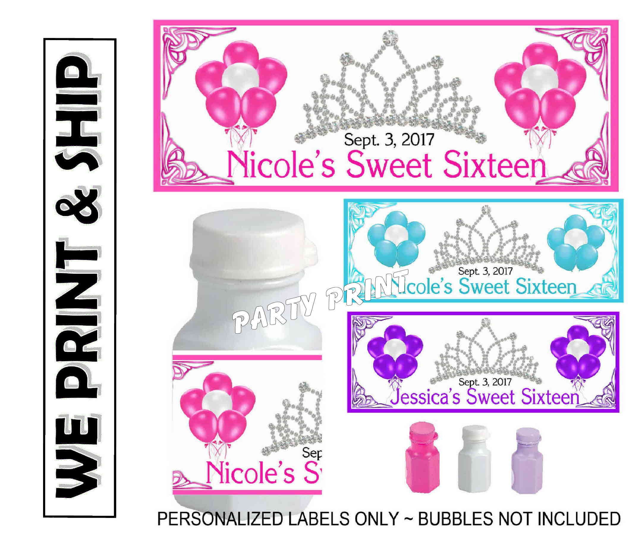 30 SWEET 16 PARTY Favors BubbleS Labels decoration pink teal purple
