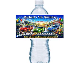CAR RACING Race Car Birthday Party Favors Water Bottle Labels Half Wrap Design
