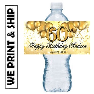 Gold 60th Birthday Party Favors Water Bottle Labels Half Wrap Design Glossy