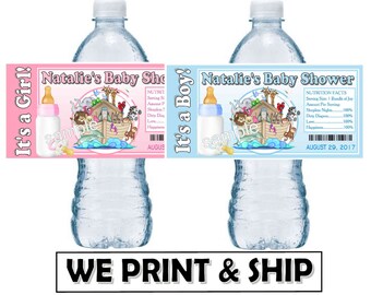 Noah's Ark Baby Shower Favors Water Bottle Labels Half Wrap Design Glossy