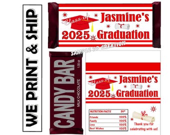 RED AND WHITE Graduation Party Favors Chocolate Bar Candy Bar Wrappers Class of 2025