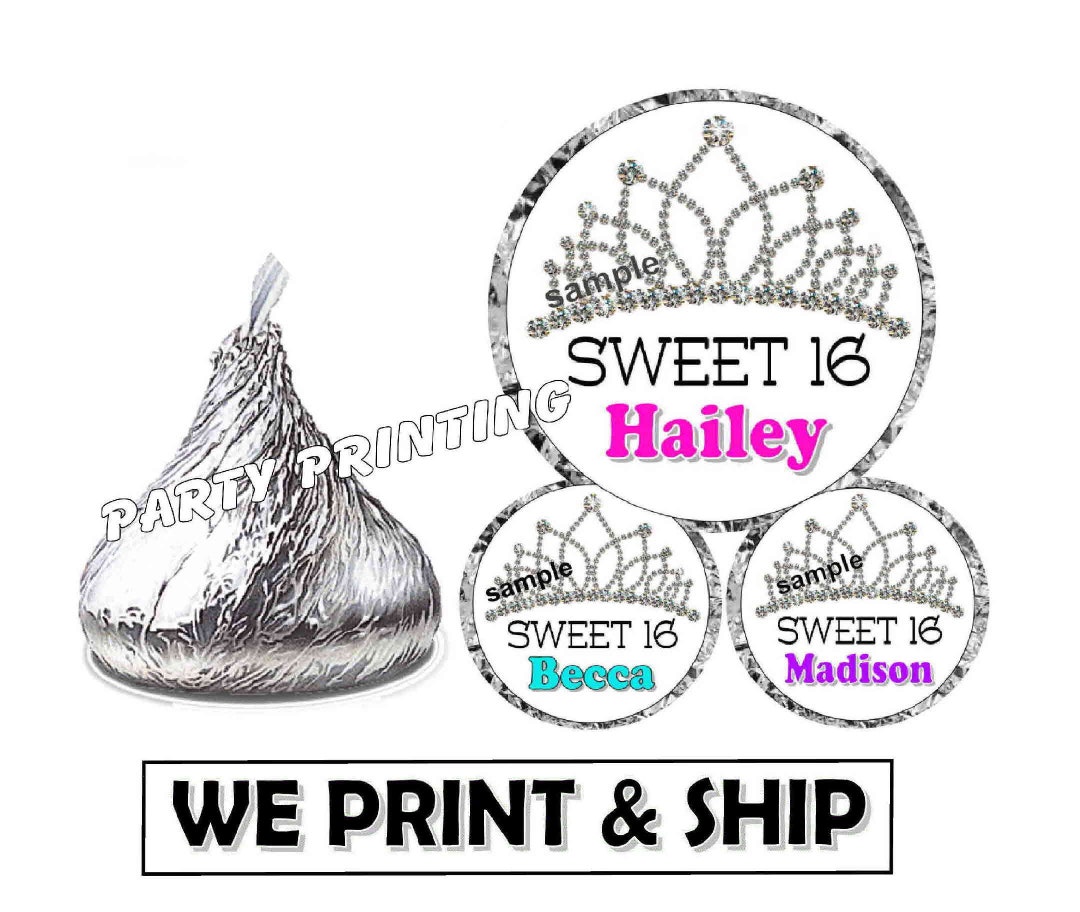 SWEET 16 PARTY FAVORS Candy Chocolate Kiss Labels Stickers Decorations ...